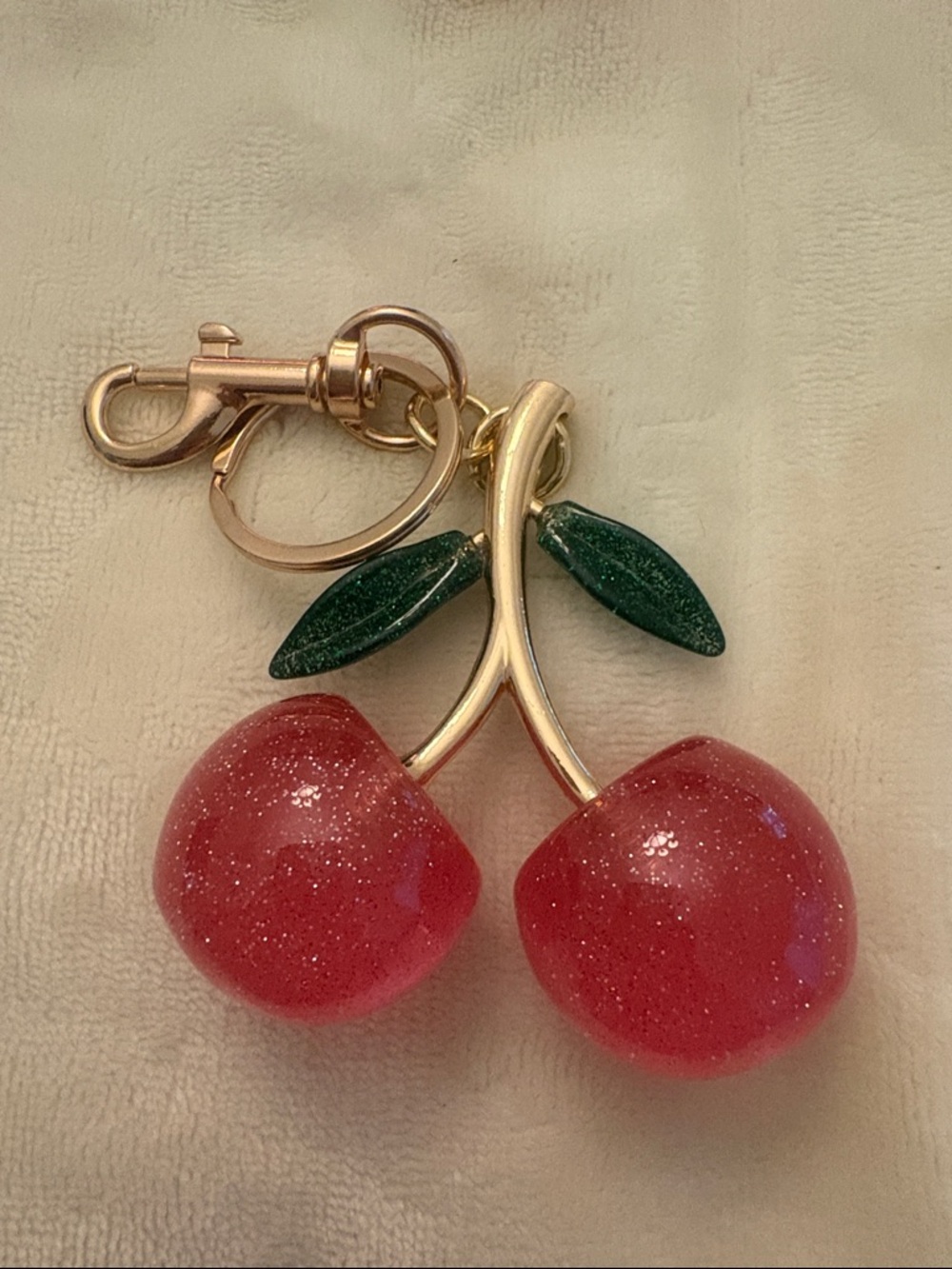 Gold-Tone Cherry Keychain with Glitter Red Charms